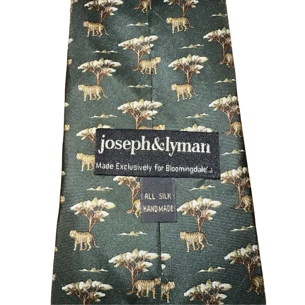 Joseph Lyman Green & Tan African Lion Safari Handmade in Italy Necktie